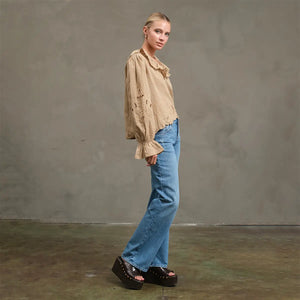 Mustard Ruffle Embroidered Check Blouse