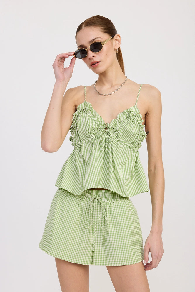 Green Gingham Drawstring Shorts