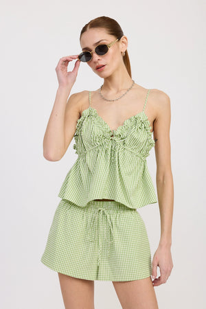 Green Gingham Drawstring Shorts
