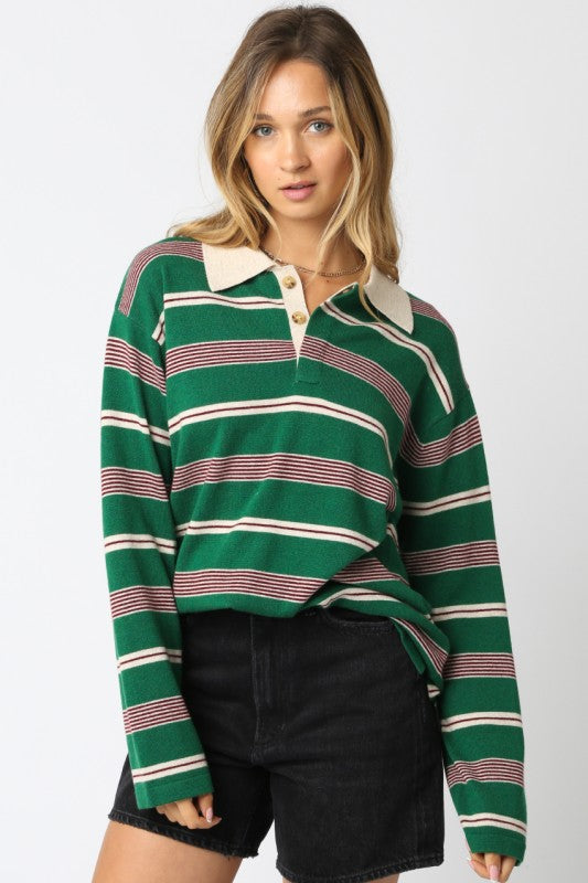 Green collar striped top