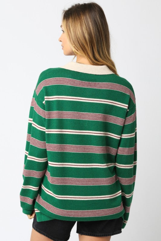 Green collar striped top