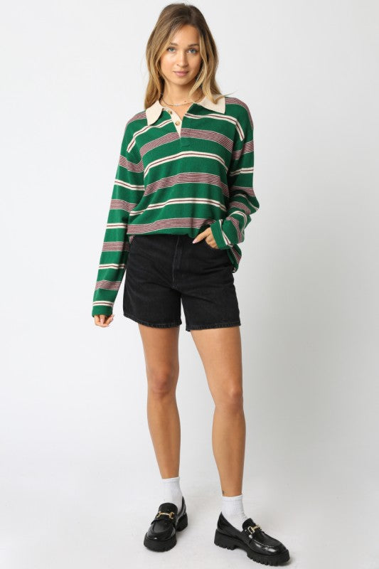 Green collar striped top