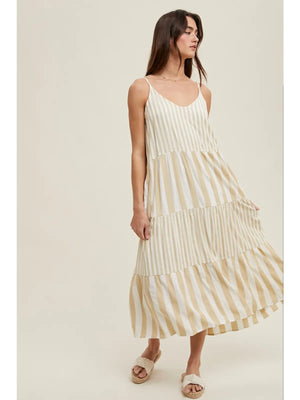Taupe stripes Tiered Midi Dress