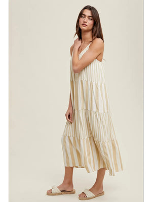 Taupe stripes Tiered Midi Dress