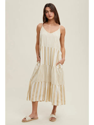 Taupe stripes Tiered Midi Dress