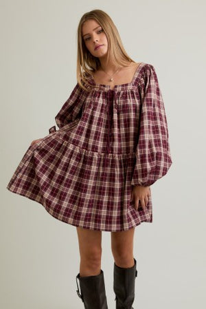 Burgundy Plaid sleeve dress