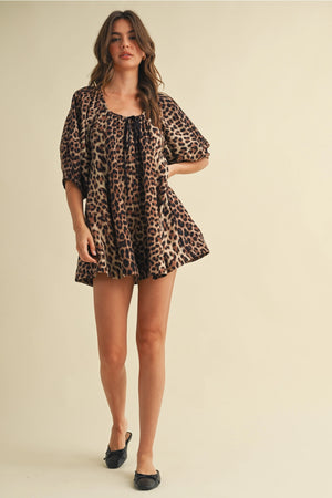 Leopard Oversized Scoopneck Puff Sleeve Romper