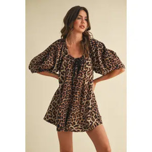 Leopard Oversized Scoopneck Puff Sleeve Romper