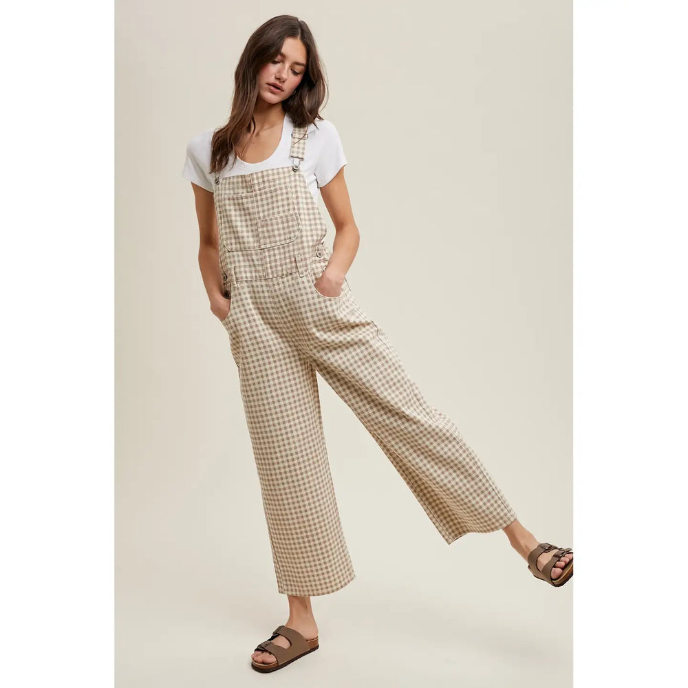 Taupe Gingham Denim Overall