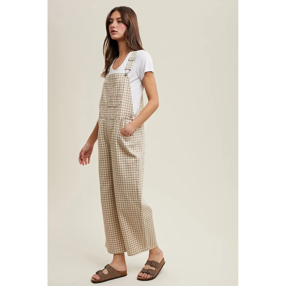 Taupe Gingham Denim Overall