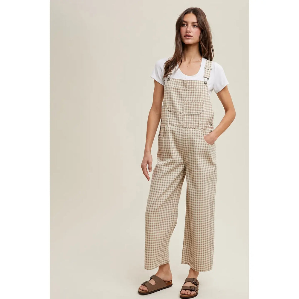 Taupe Gingham Denim Overall