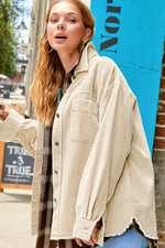 Ecru Oversized Washed Corduroy Button Down Jacket