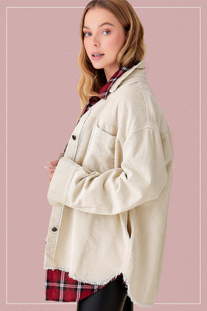 Ecru Oversized Washed Corduroy Button Down Jacket