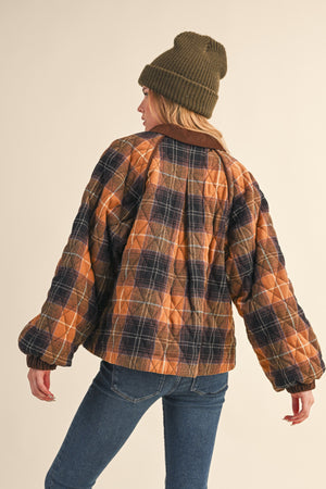 Mustard Plaid Quilted Jacket With Contrast Corduroy Detail