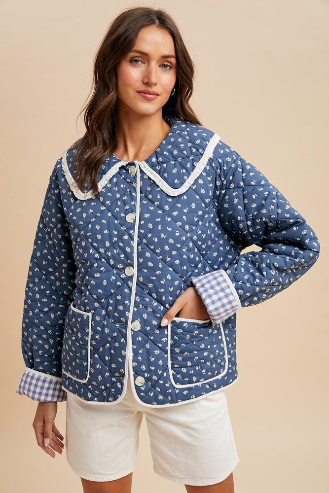 Blue Quilted Doll Collar Puffer Jacket