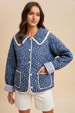 Blue Quilted Doll Collar Puffer Jacket