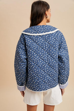 Blue Quilted Doll Collar Puffer Jacket