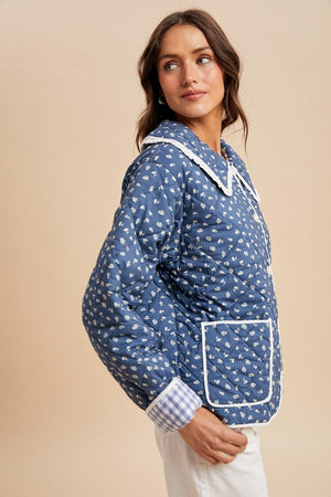 Blue Quilted Doll Collar Puffer Jacket