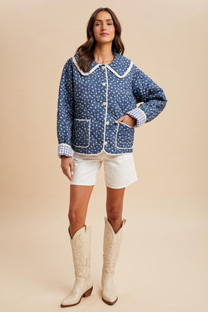 Blue Quilted Doll Collar Puffer Jacket