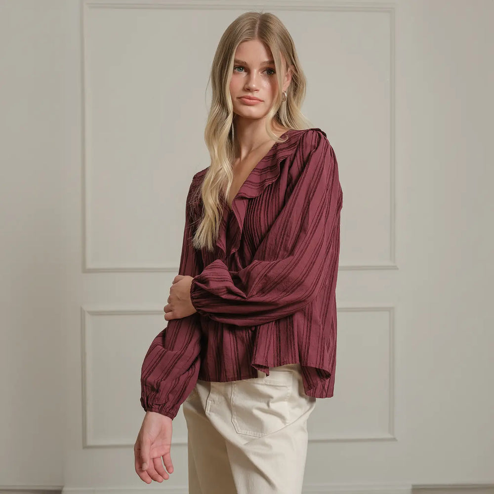 Wine Ruffle Trim Striped Blouse
