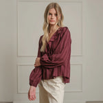 Wine Ruffle Trim Striped Blouse