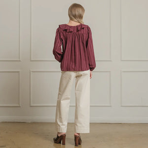 Wine Ruffle Trim Striped Blouse