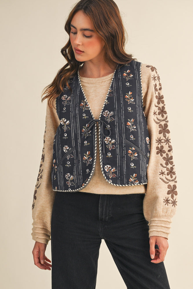 Striped Floral Vest With Faux Sherpa Fleece Lining