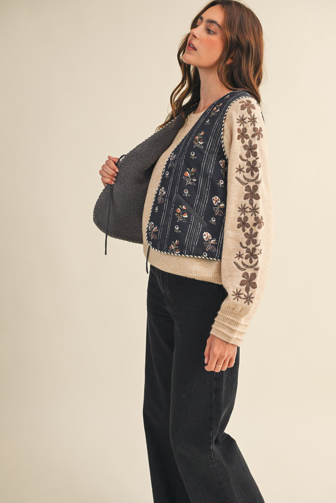 Striped Floral Vest With Faux Sherpa Fleece Lining