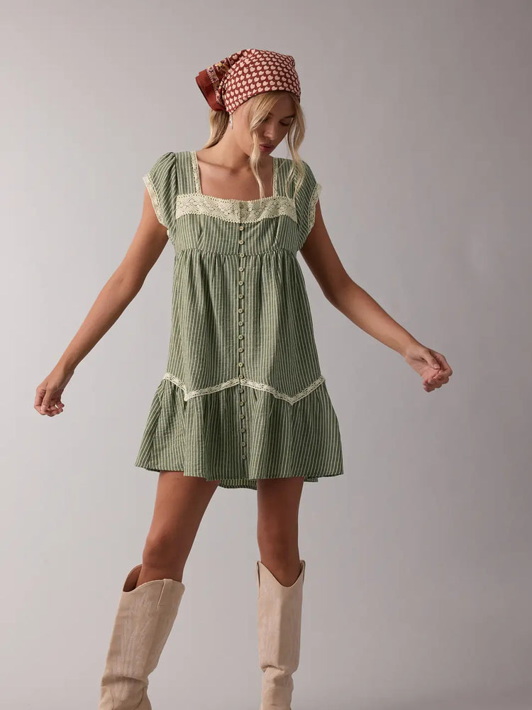 Striped Mini Dress with Lace Trim