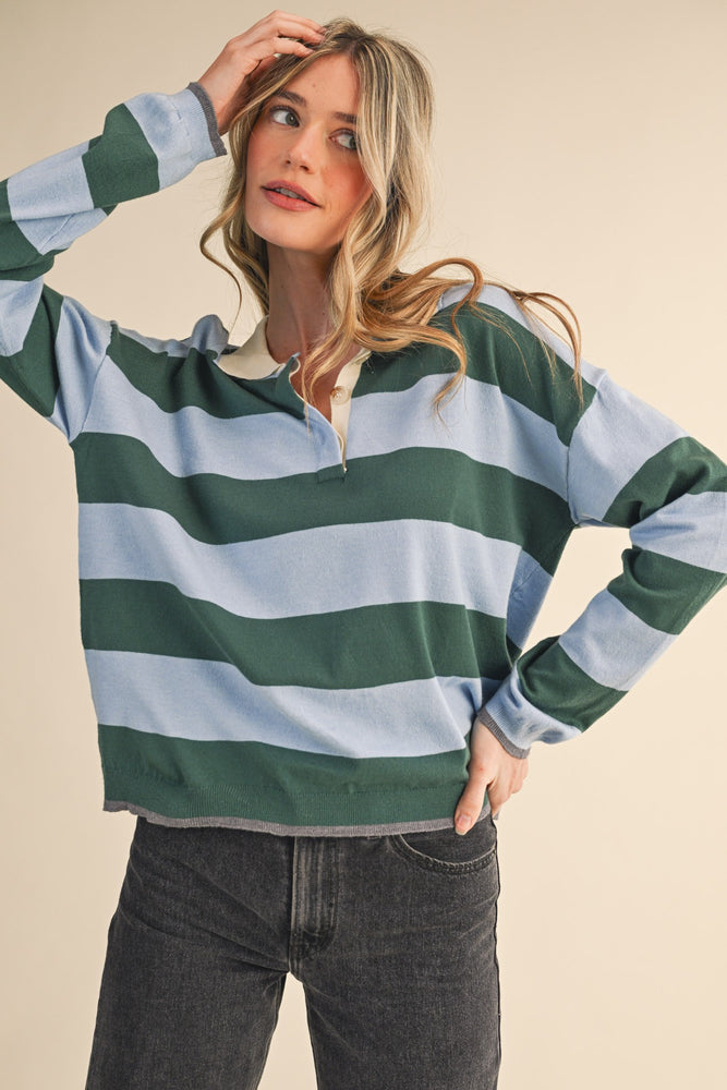 Blue green Striped Rugby Sweater