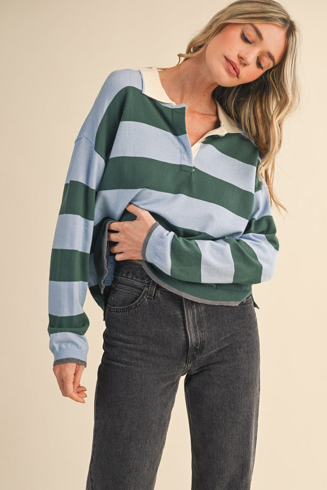 Blue green Striped Rugby Sweater