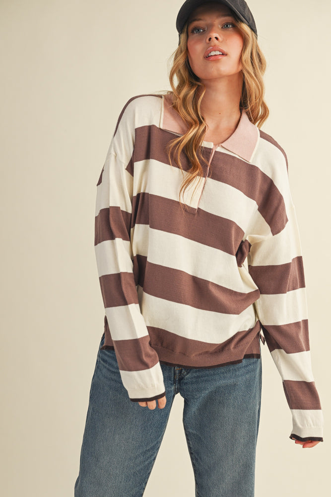 Brown Ivory Striped Rugby Sweater