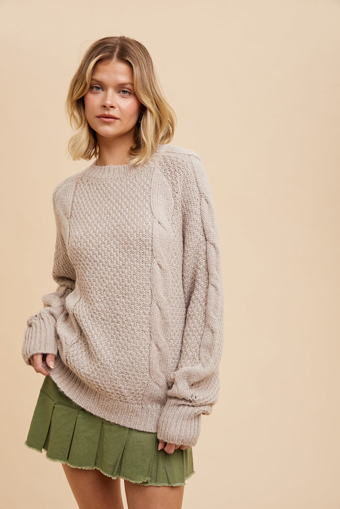 Almond Wool Blend Cable Knit Pullover