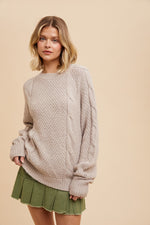Almond Wool Blend Cable Knit Pullover