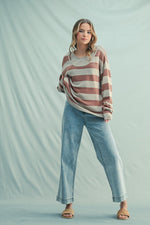 Stone red beanDouble Faux Layer Striped Sweater