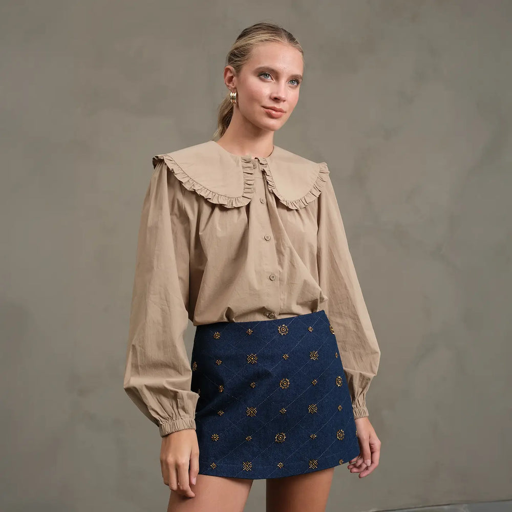 Biege Frill Collar Cotton Blouse