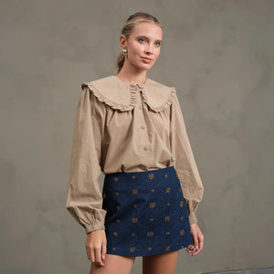 Biege Frill Collar Cotton Blouse