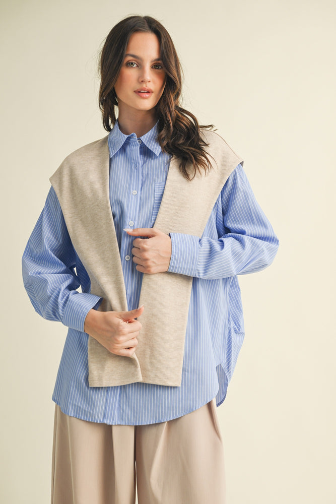 Striped Shrt With Layered Knit Sleeves Top