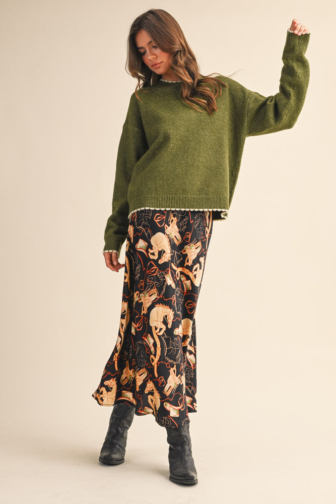 Olive Contrast Knit Scalloped Edge Sweater