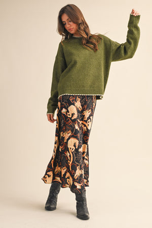 Olive Contrast Knit Scalloped Edge Sweater