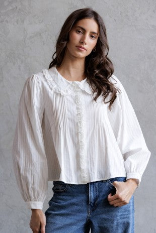 Ruffled Lace Collar Pintuck Blouse