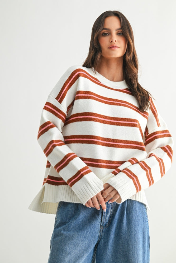 White Striped Drop Shoulder Knit Sweater