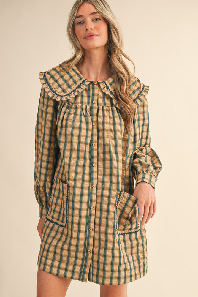 Doll Collar Button Down Plaid Mini Dress