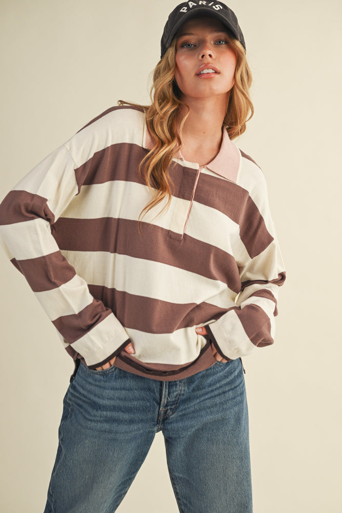Brown Ivory Striped Rugby Sweater