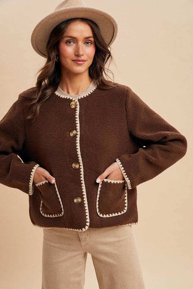 Mocha Contrast Stitched Sherpa Cardigan