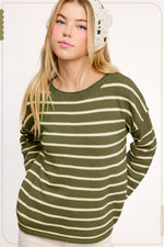 Olive Striped Round Neck Sweater