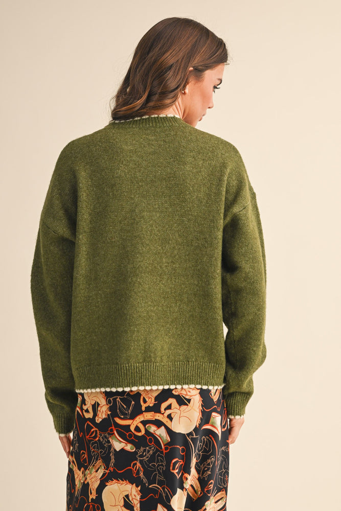 Olive Contrast Knit Scalloped Edge Sweater