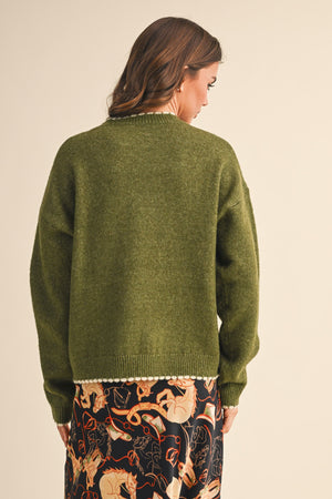 Olive Contrast Knit Scalloped Edge Sweater