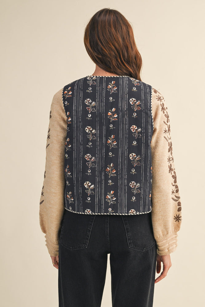Striped Floral Vest With Faux Sherpa Fleece Lining