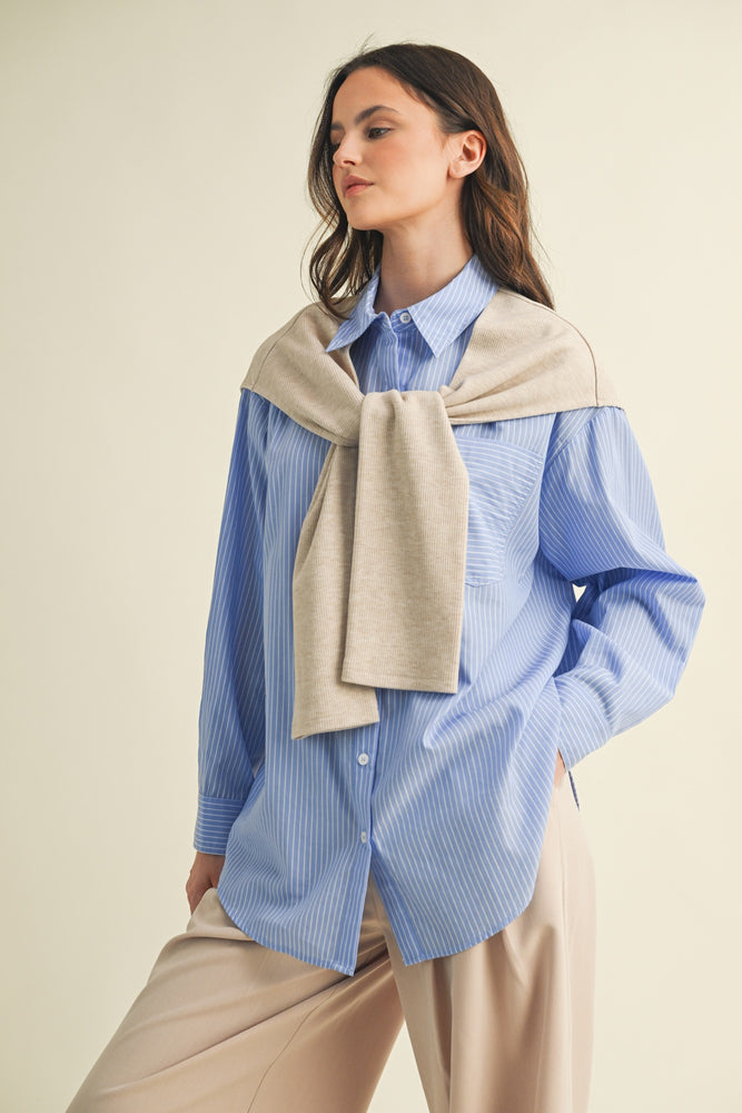 Striped Shrt With Layered Knit Sleeves Top